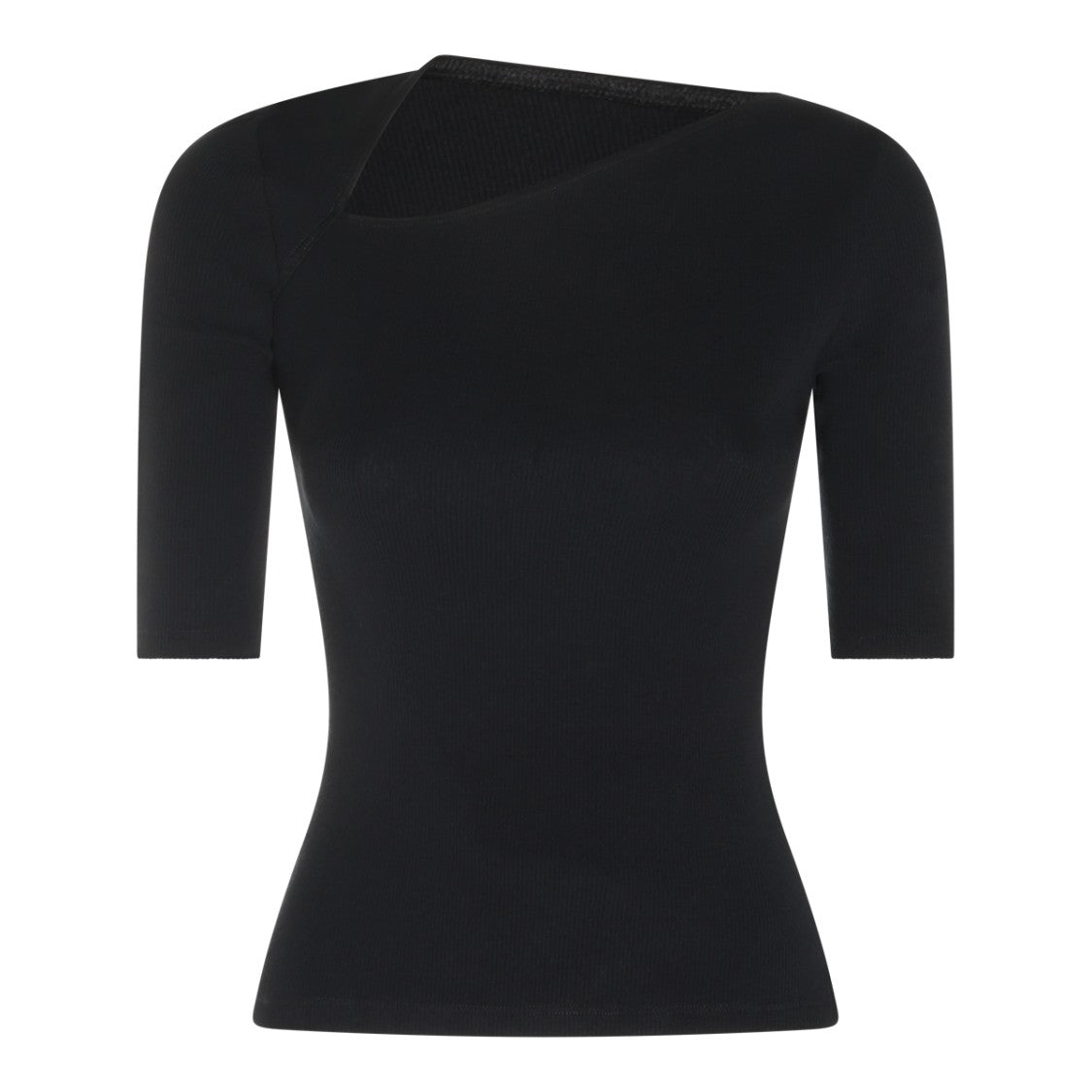 Mm6 By Maison Margiela Elbow Sleeve Black Top With Asymmetric Neckline