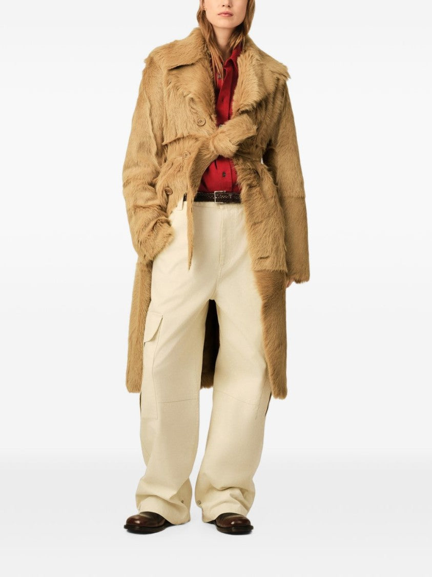 Ami Paris Double-Breasted Camel Coat With Textured Fur-Like Fabric