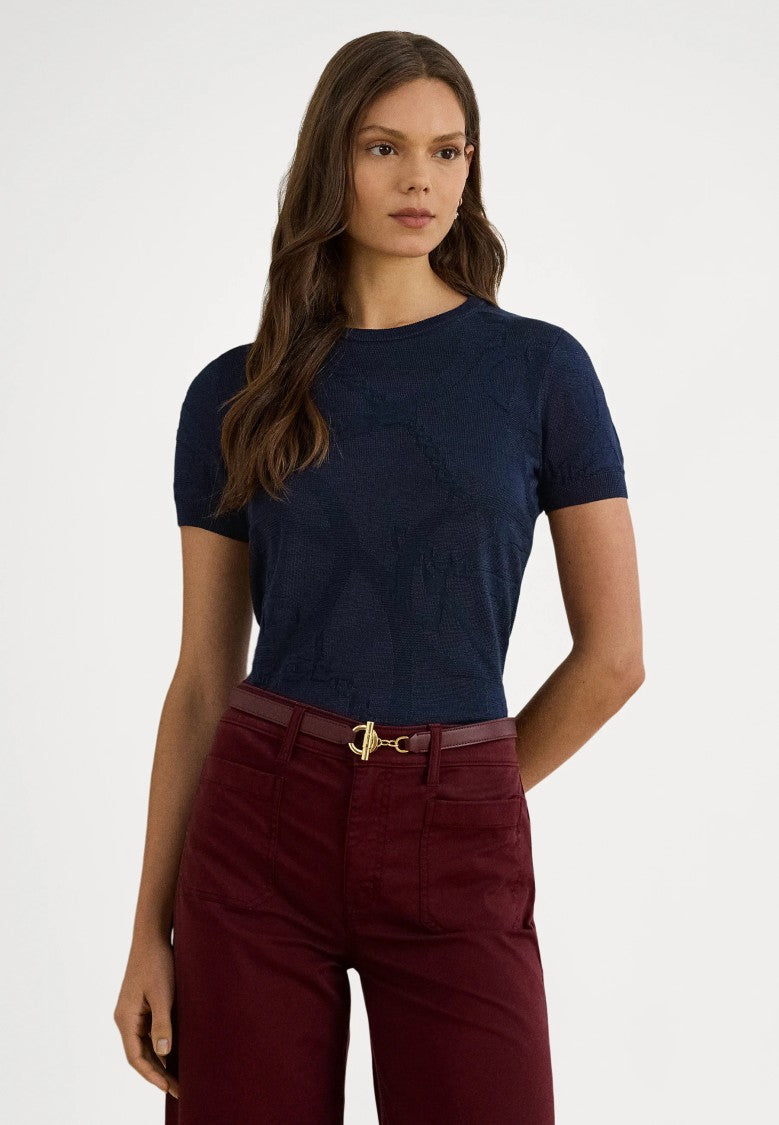 Lauren Ralph Lauren Navy Blue Eyelah Rayon Pullover Knit Top