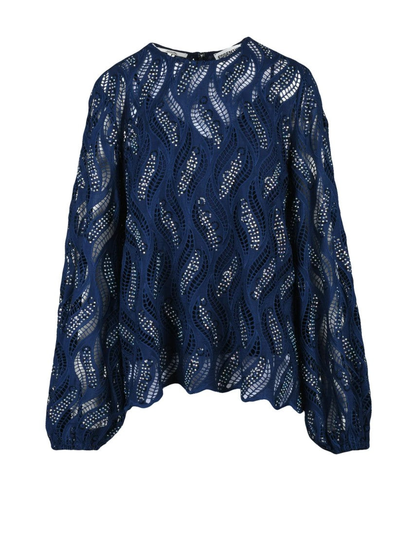 Essentiel Antwerp Blue Eyelet Puff Sleeves Camisole Polyester Blouse