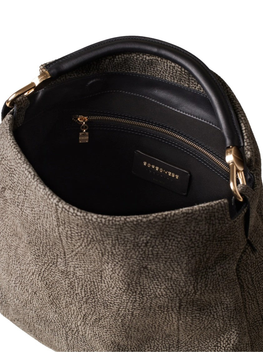 Borbonese Textured Brown Handbag With Contrasting Handle And Gold-Tone Accents