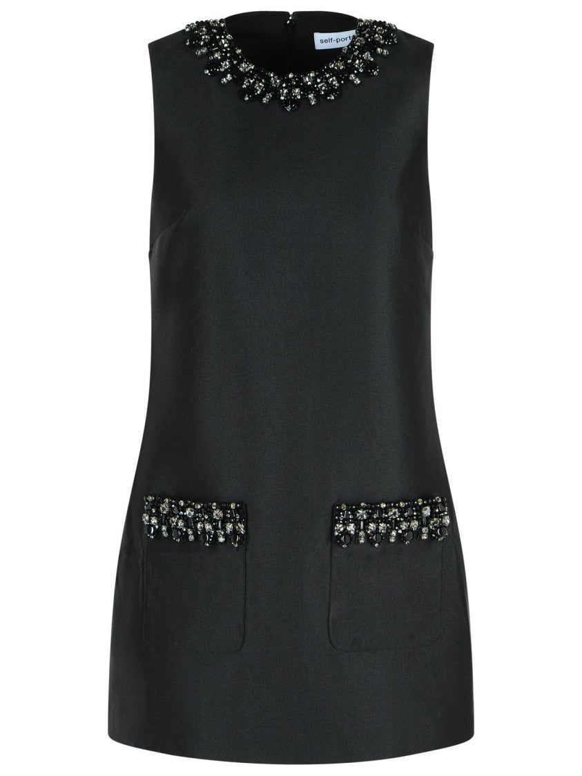 Self-Portrait Sleeveless Black Midi Dress With Beadwork And Patch Pockets