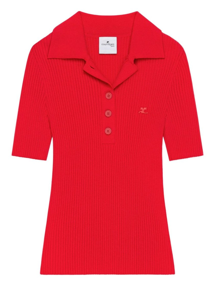 Courrèges Red Short Sleeve Button Placket Sweater