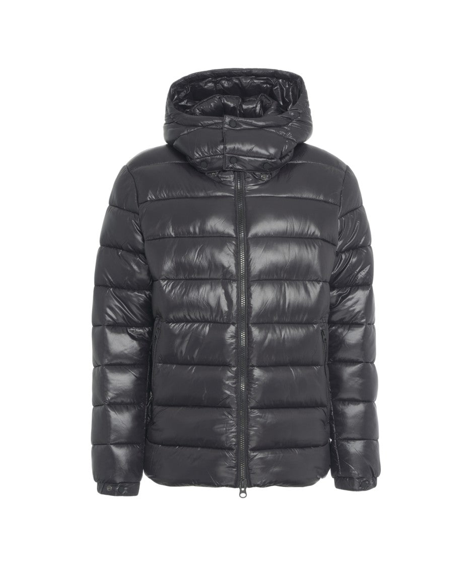 Save The Duck Glossy Quilted Down Jacket With Fixed Hood And Zippered Pockets