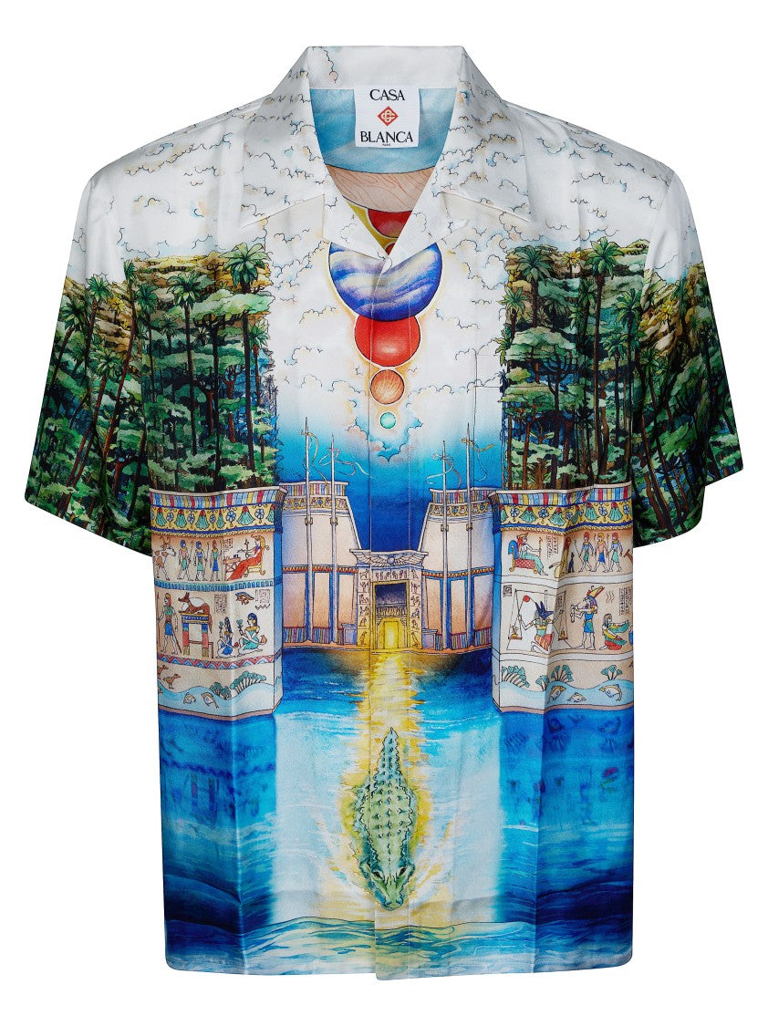 Casablanca Short-Sleeved Silk Shirt With Cuban Collar And Intricate Egyptian Print