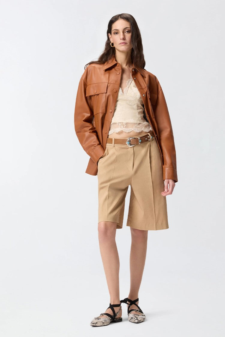 Pinko Beige Pleated Front Wide-Leg Linen-Blend Shorts
