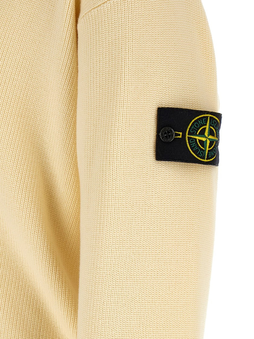 Stone Island Ribbed Organic Cotton Cardigan With V-Neck And Logo Badge