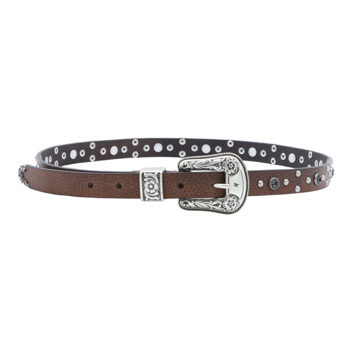 Golden Goose Studded Brown Leather Belt With Ornate Silver Buckle