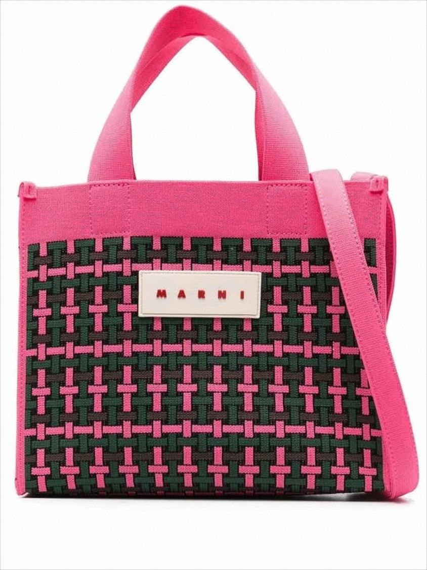 Marni Woven Rectangular Tote Bag With Pink Handles And Detachable Strap