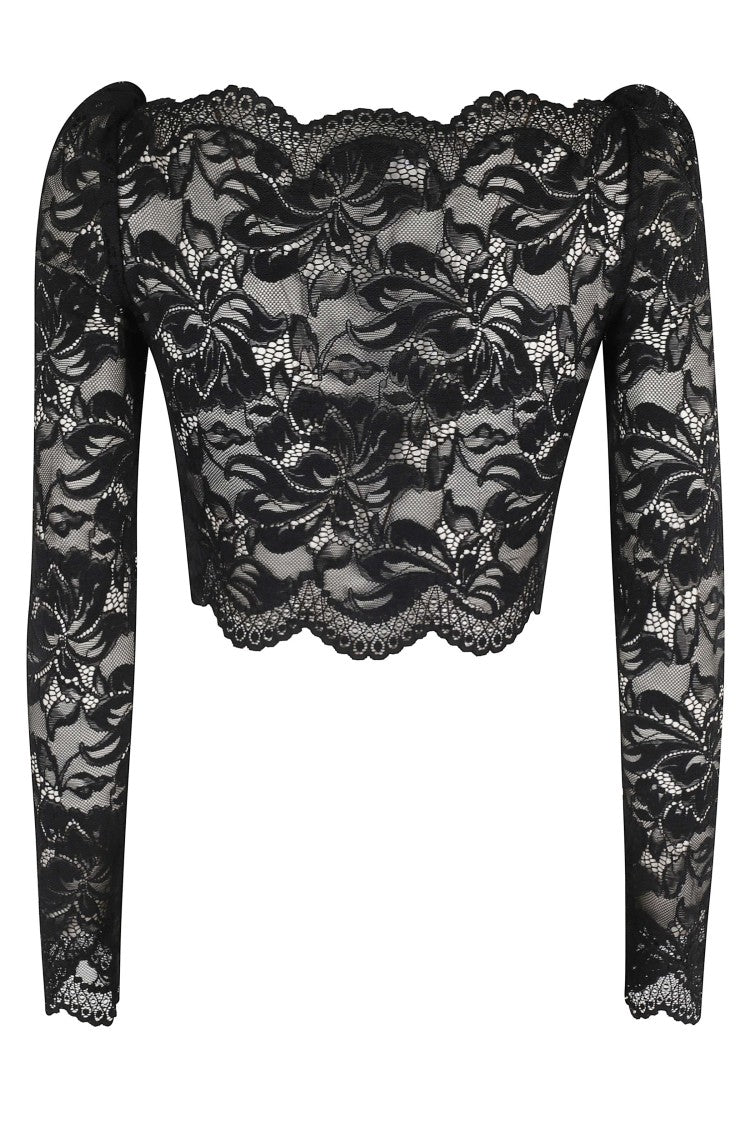 Rabanne Scalloped Boat Neck Transparent Lace Polyamide Long Sleeve Top