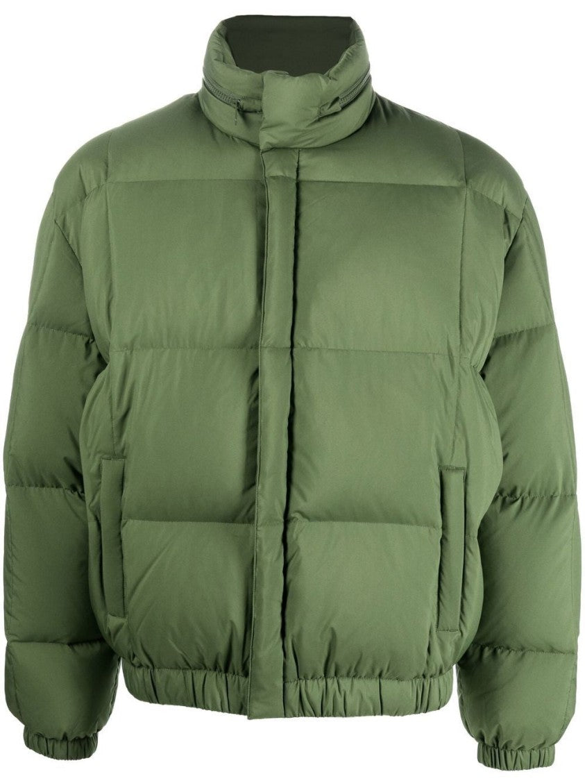 Kenzo Quilted Green Down Jacket With High Collar And Logo Detail