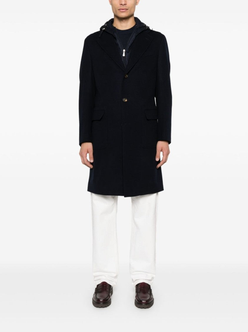 Eleventy Navy Blue Panelled Mid-Length Wool Coat