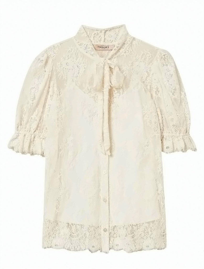 Twin-Set Lace Bow Neck Short Sleeve Shirt