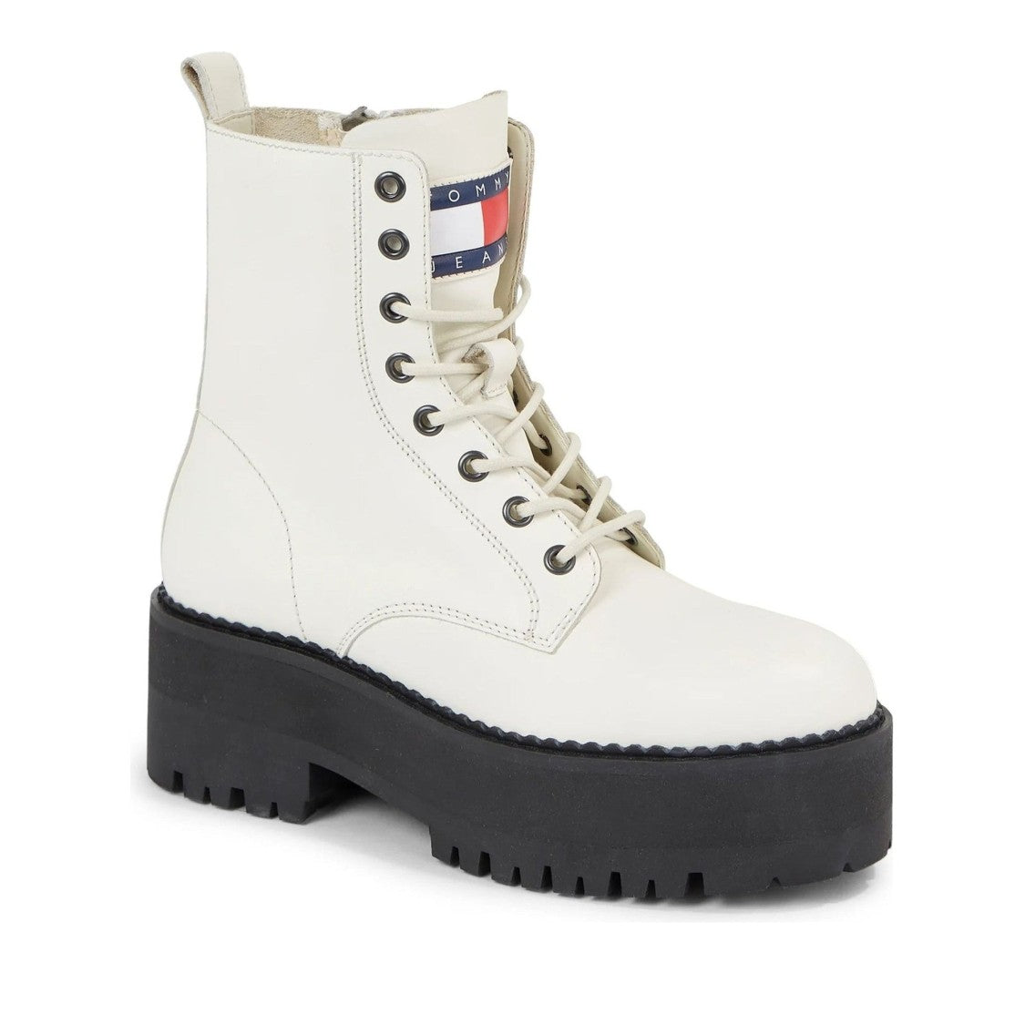 Tommy Jeans White Chunky Sole Lace-Up Side Zipper Leather Boots