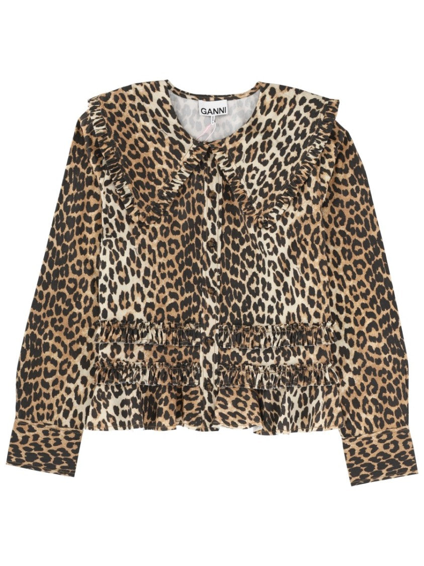 Ganni Neutrals Leopard Print Wide Collar Cotton Top