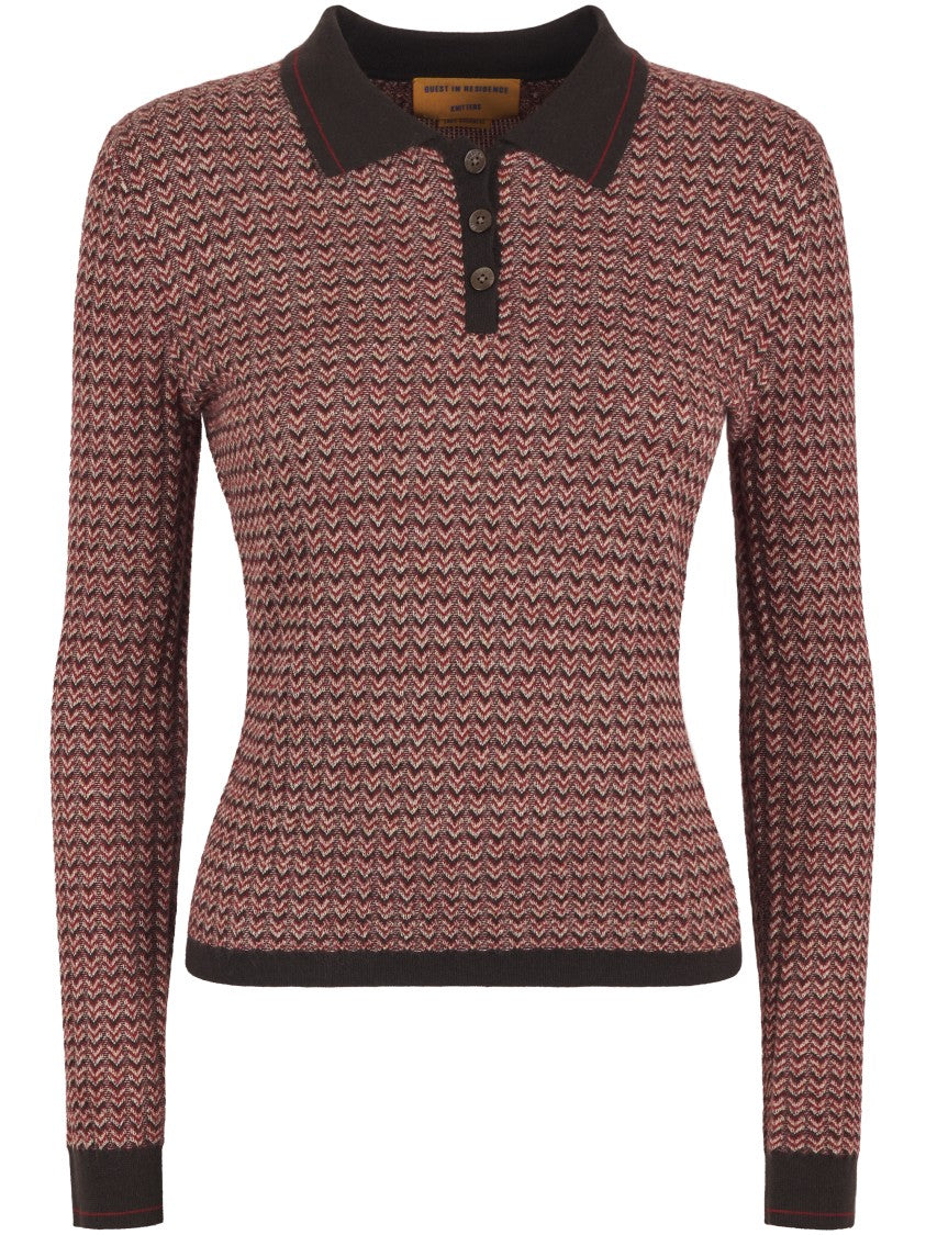 Guest In Residence Chevron Pattern Long Sleeve Shrunken Polo Sweater
