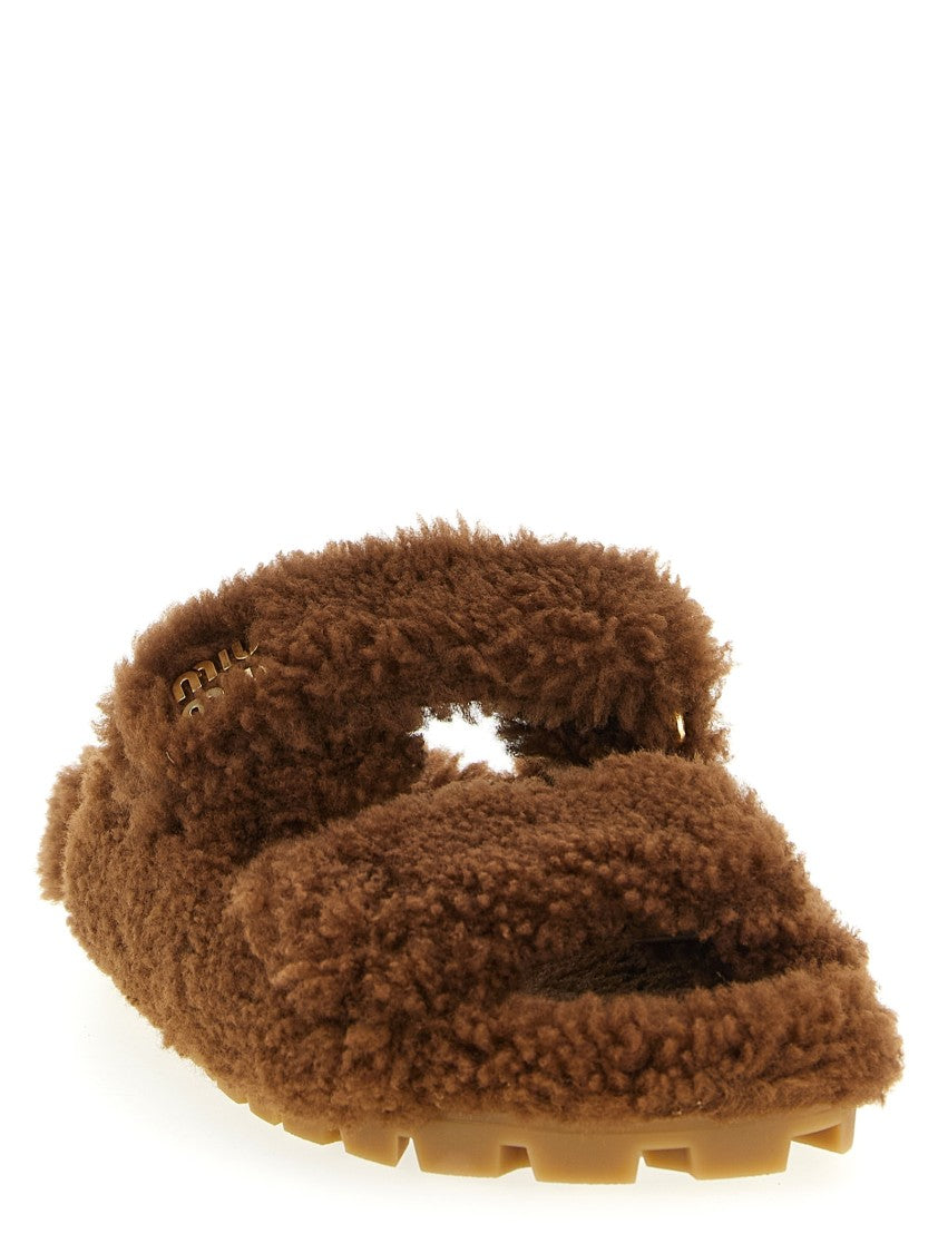 Miu Miu Brown Shearling Sandals With Adjustable Velcro Straps And Logo Appliqué