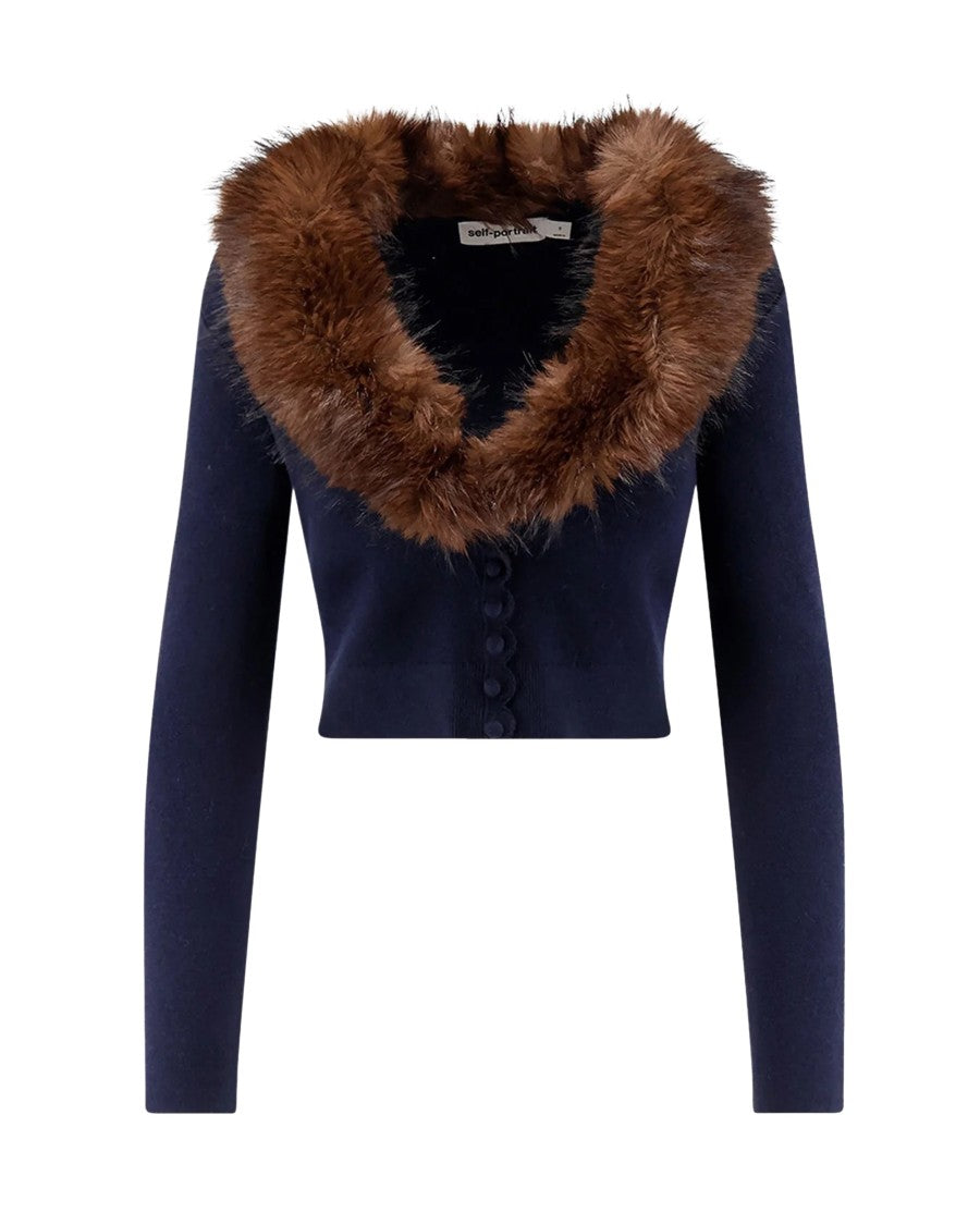 Self-Portrait Cropped Faux Fur Collar Knit Cardigan