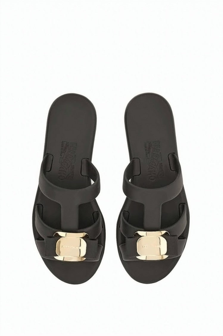 Salvatore Ferragamo Minimalist Black Rubber Slide Sandals With Gold-Tone Plate