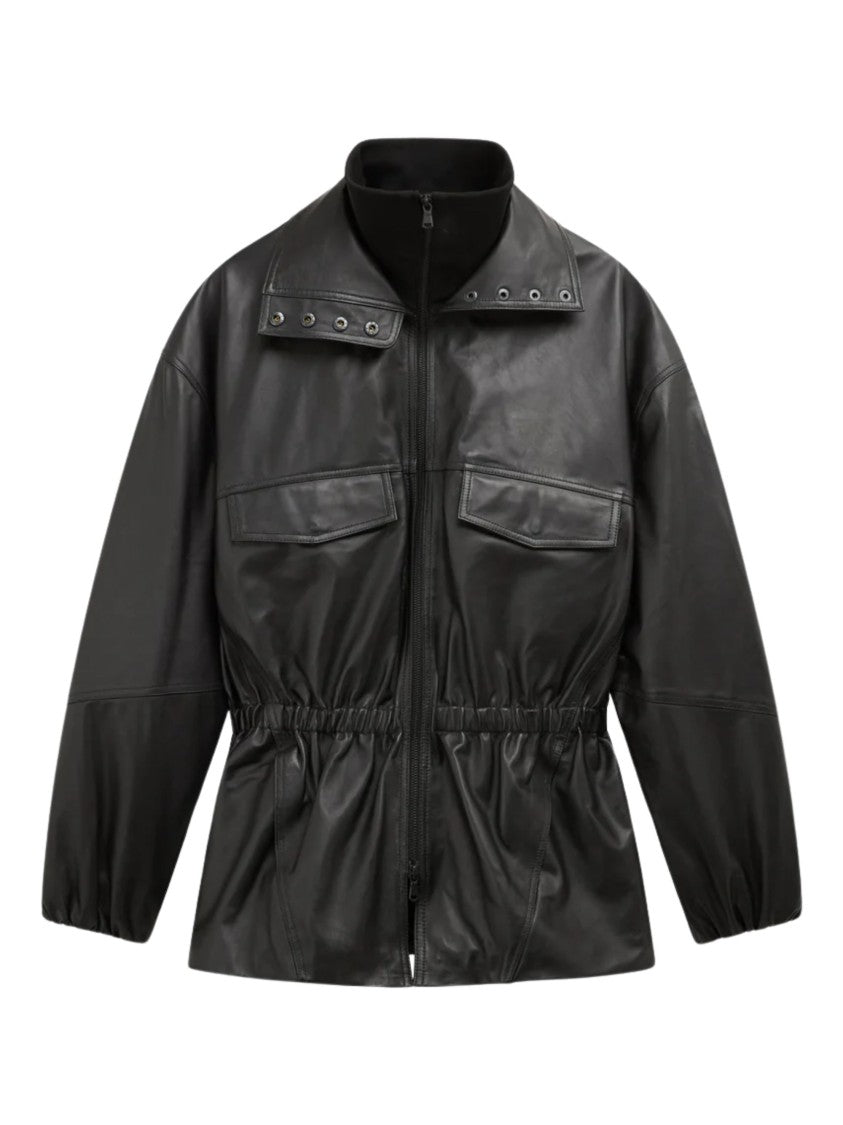 The Frankie Shop Black Popper Funnel Collar Leather Leather Jacket