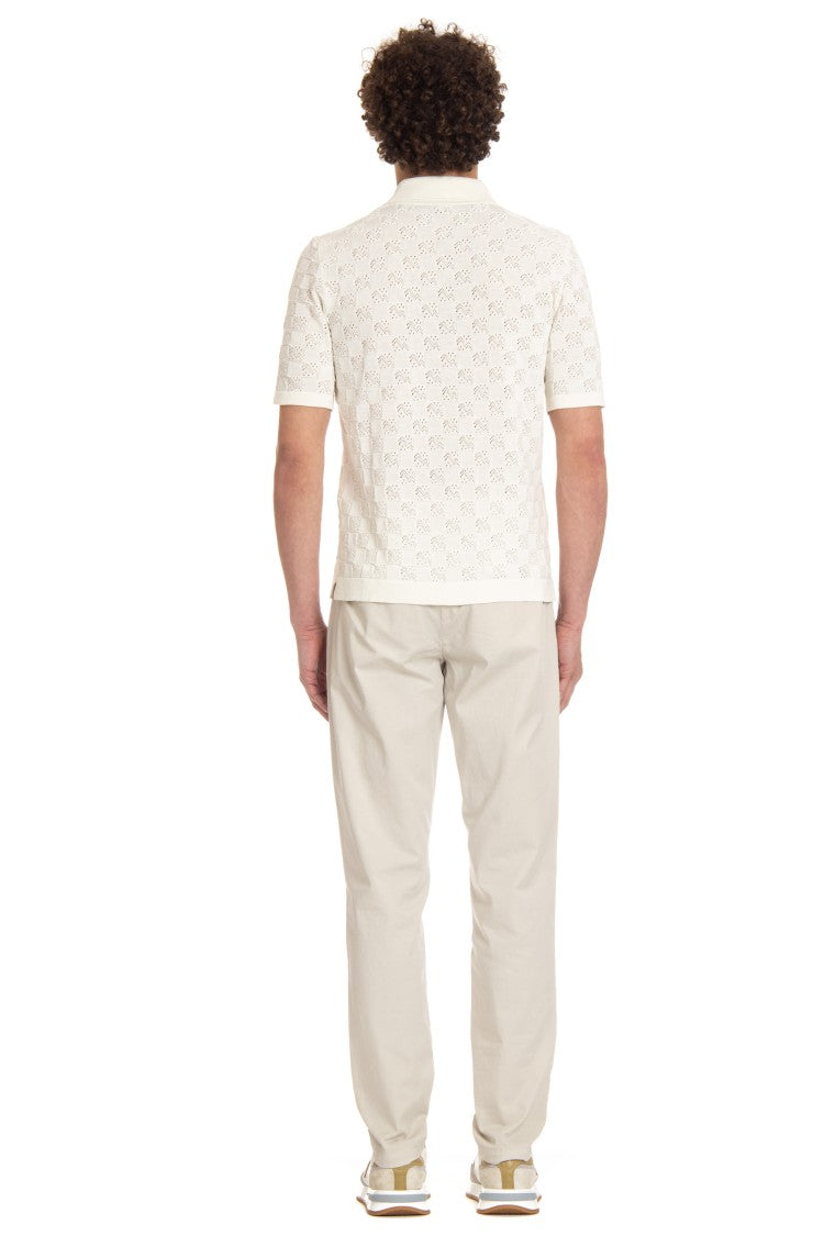 Eleventy Short-Sleeved White Checkered Polo Shirt With Mother-Of-Pearl Buttons