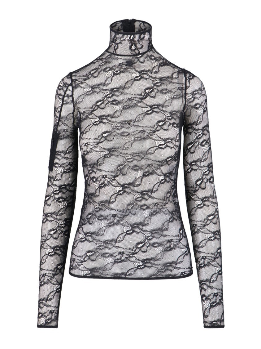 Courrèges Intricately Designed Sheer Lace Top With High Neckline