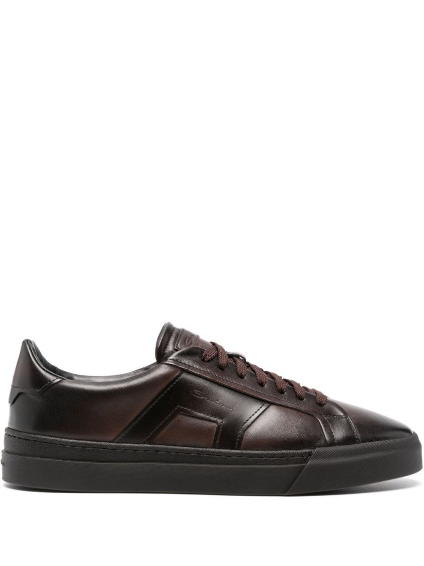 Santoni Brown Calfskin Lace-Up Sneakers With Debossed Branding