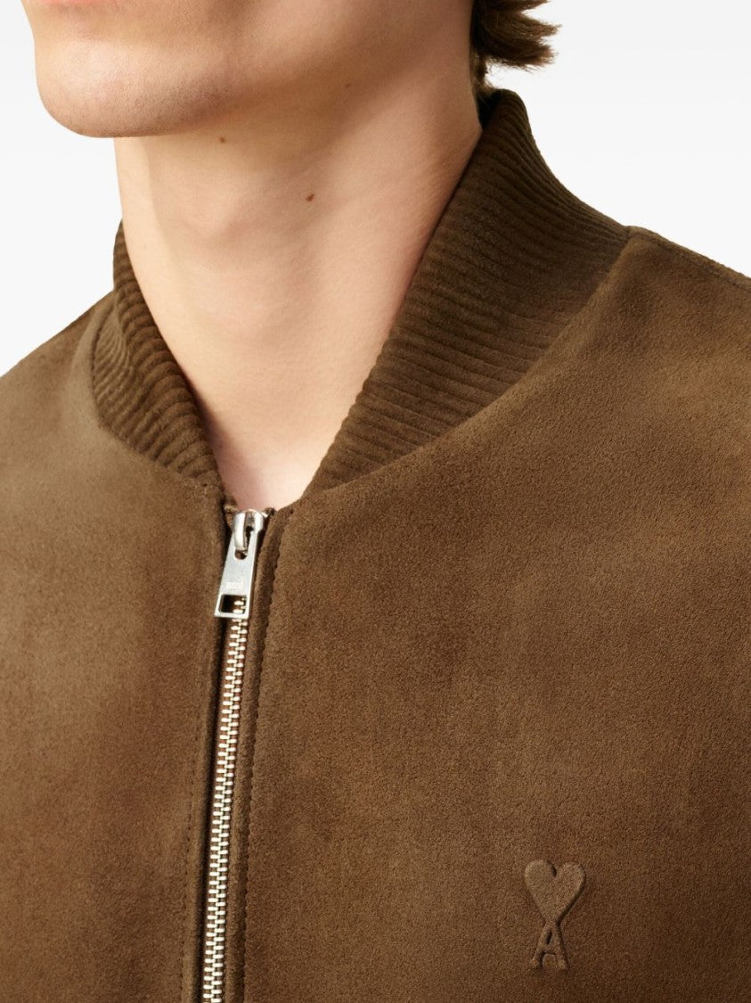 Ami Paris Brown Zip Front Embossed Logo Jacket