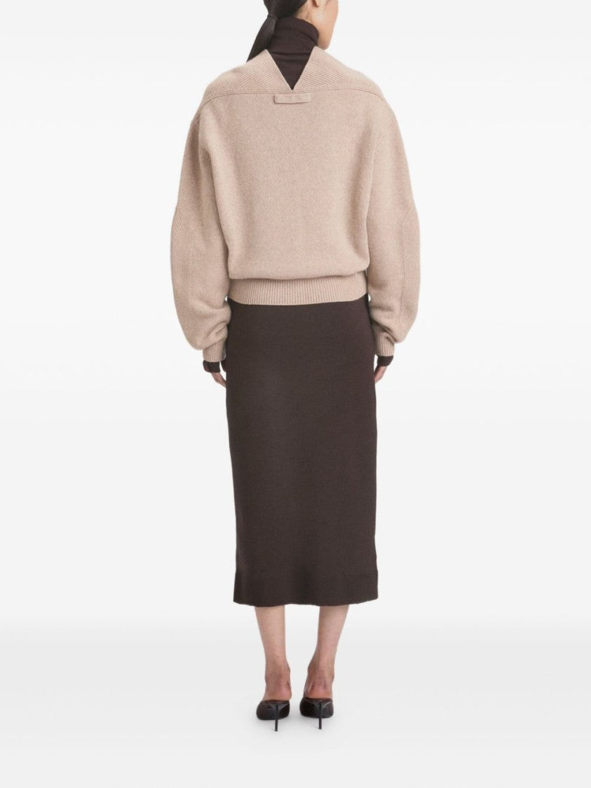 Victoria Beckham V-Neck Cashmere-Wool Blend Sweater With Ballooned Sleeves