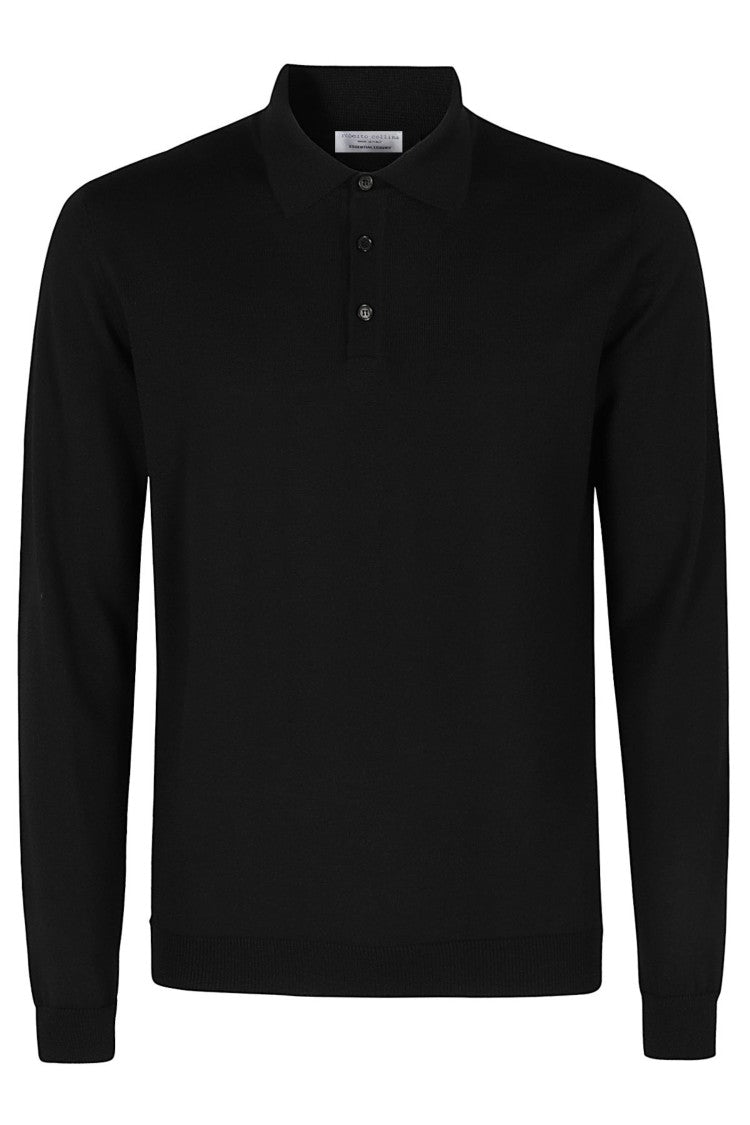 Roberto Collina Black Button-Down Ribbed Merino Wool Polo Shirt