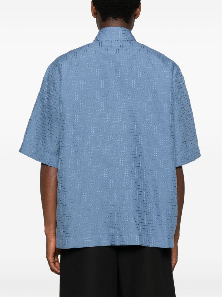 Fendi Oversized Short-Sleeved Shirt In Light Blue Linen Ff Jacquard
