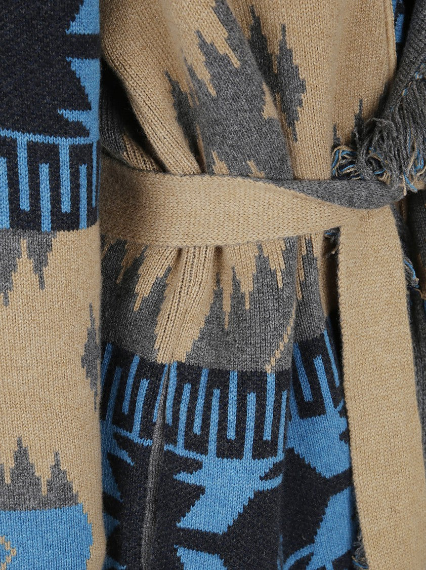 Alanui Geometric Two-Tone Cashmere Cardigan With Fringed Edges