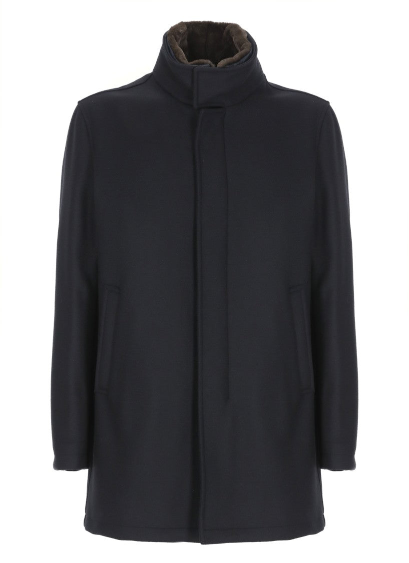 Herno Structured Blue Wool Coat With High Neck