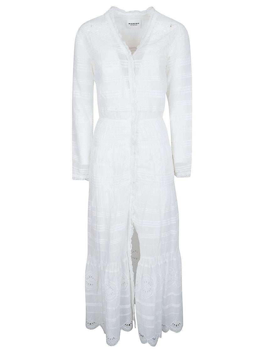 Isabel Marant Étoile Long White Dress With Crochet Lace Inserts And Asymmetrical Hem