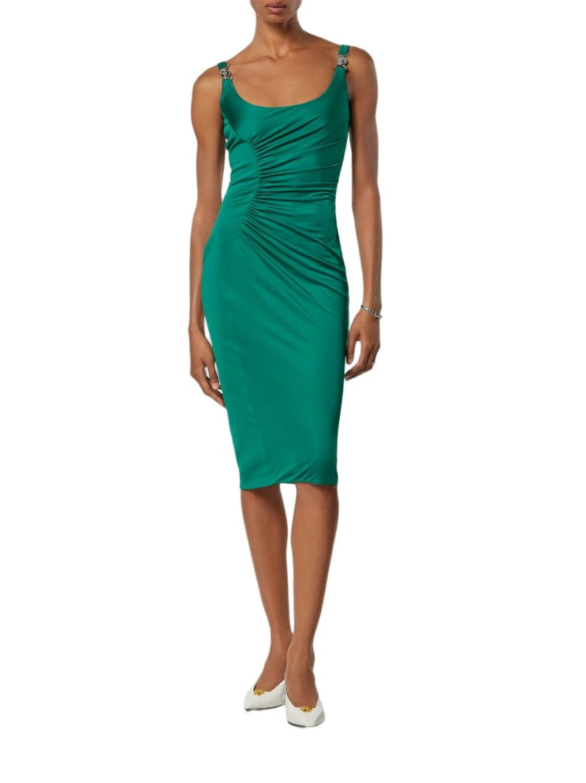 Versace Green Ruched Scoop Neck Day Dress