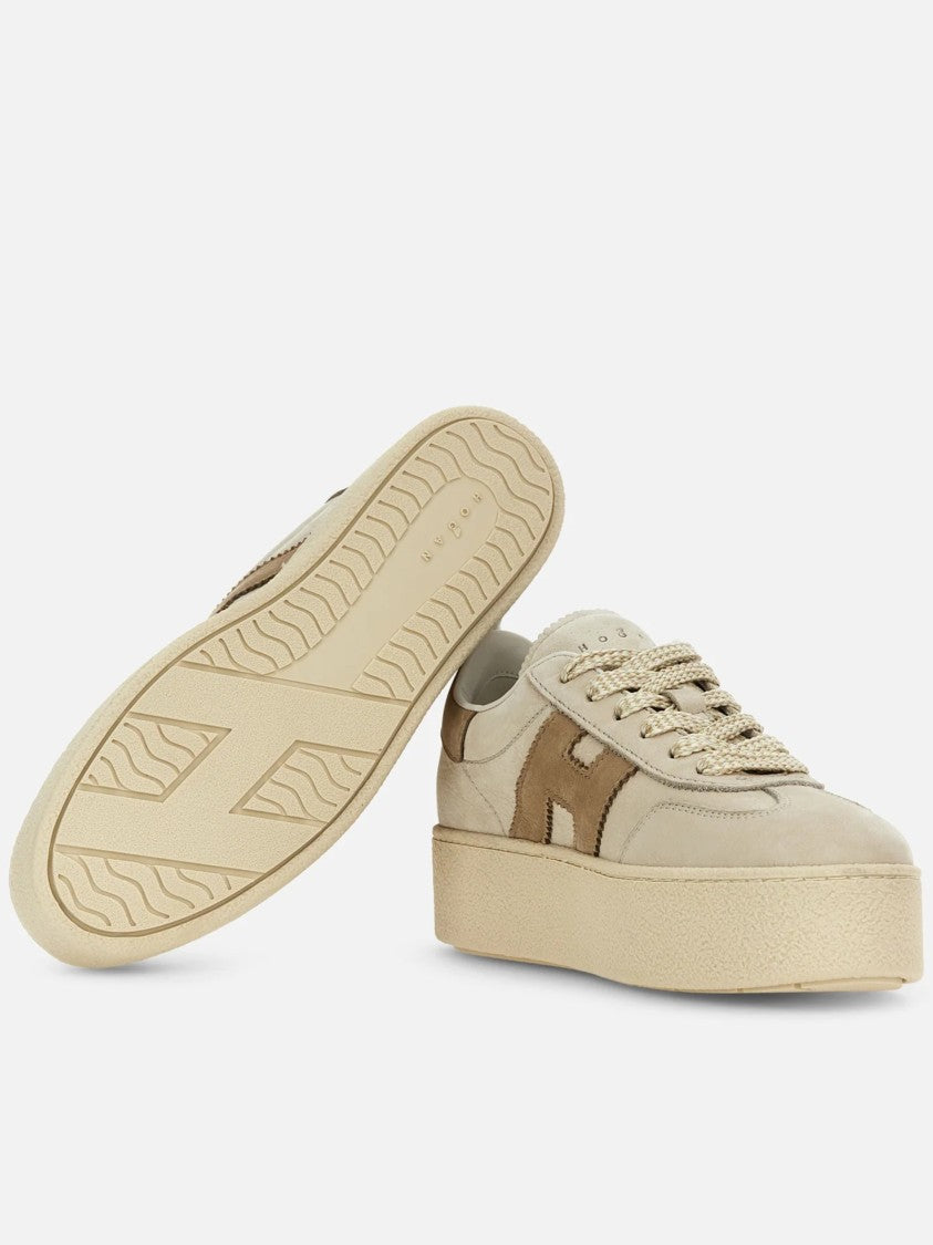 Hogan Beige Leather Platform Sneakers With Suede Accents And Iconic Logo
