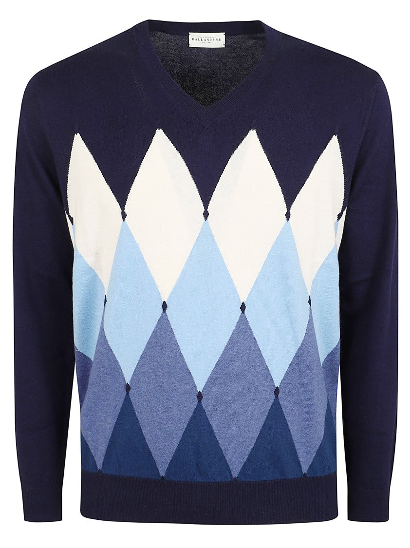 Ballantyne Diamond Pattern V-Neck Pullover In Premium Cotton-Cashmere Blend