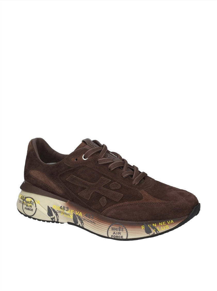 Premiata Rich Brown Suede Graphic Text Sneakers