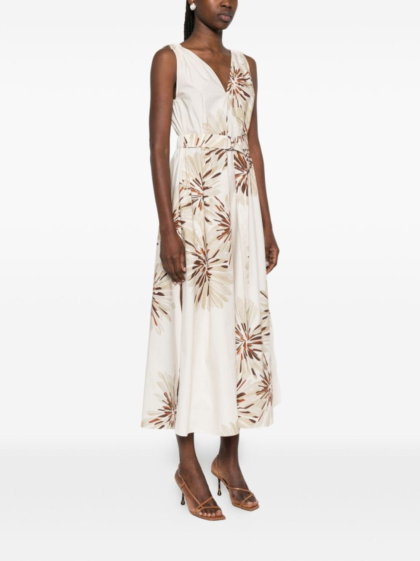 Brunello Cucinelli White Brown Floral Print Cotton Midi Dress
