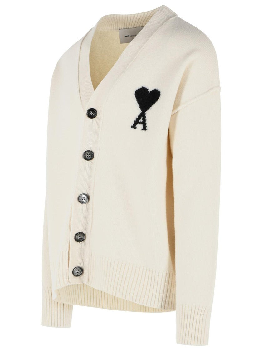 Ami Paris V-Neck Cream Virgin Wool Cardigan With Contrast Logo
