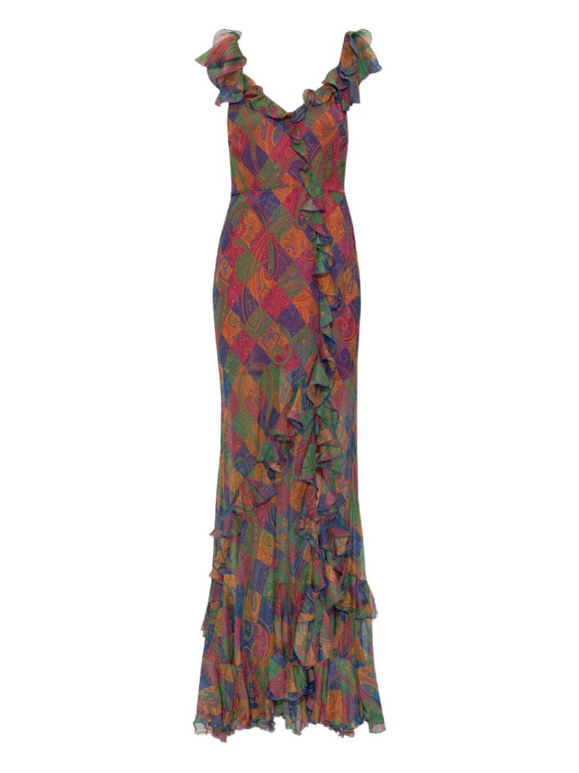 Etro Multicolor Silk Maxi Dress With Ruffled Detailing