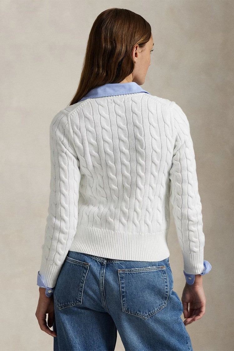 Polo Ralph Lauren White Cotton Cable-Knit Cropped Cardigan
