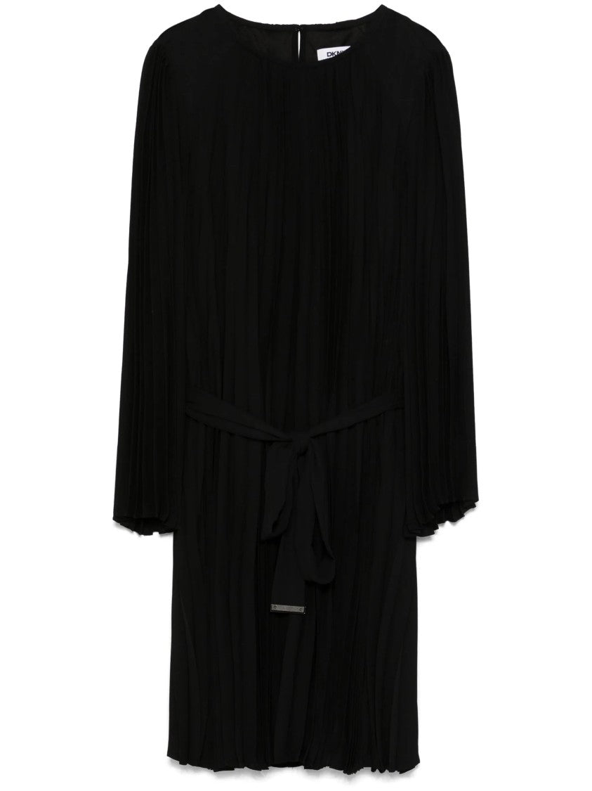 Dkny Pleated A-Line Midi Dress With Long Sleeves And Fabric Belt
