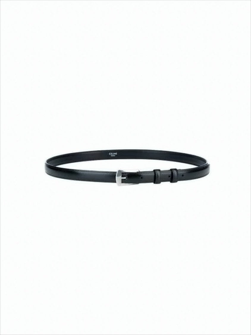 Celine Narrow Black Leather Belt With Rectangular Silver Buckle