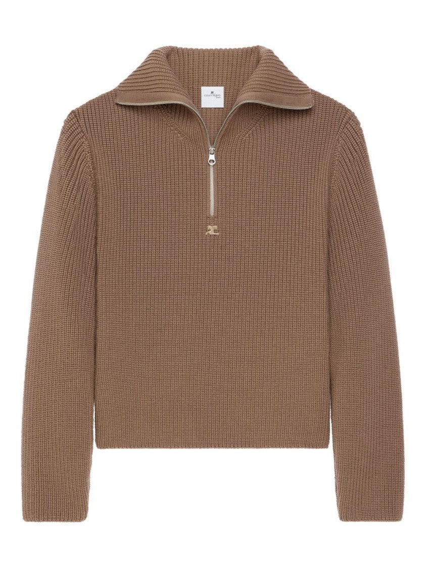 Courrèges Brown Half Zip Funnel Neck Sweater