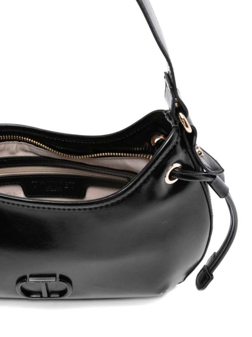 Twin-Set Compact Black Handbag With Glossy Finish And Decorative Ties