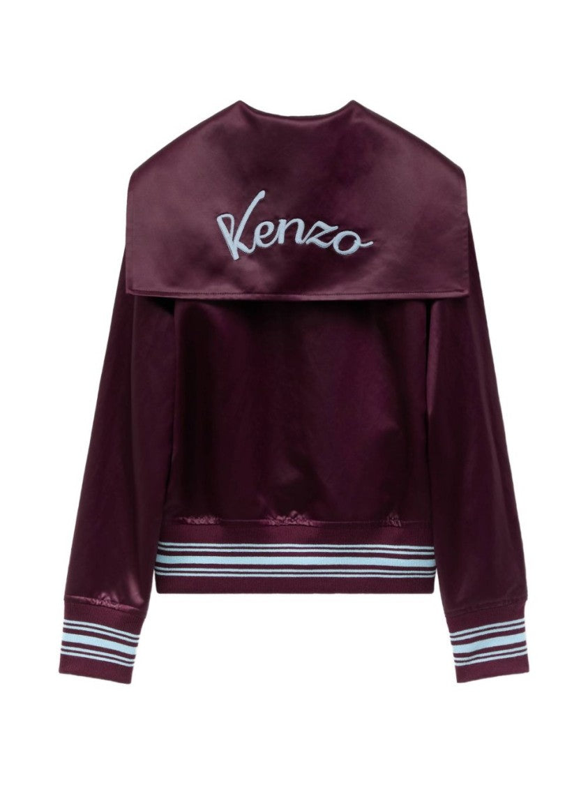 Kenzo Cropped Burgundy Satin Jacket With Sailor Collar And Embroidered Logo
