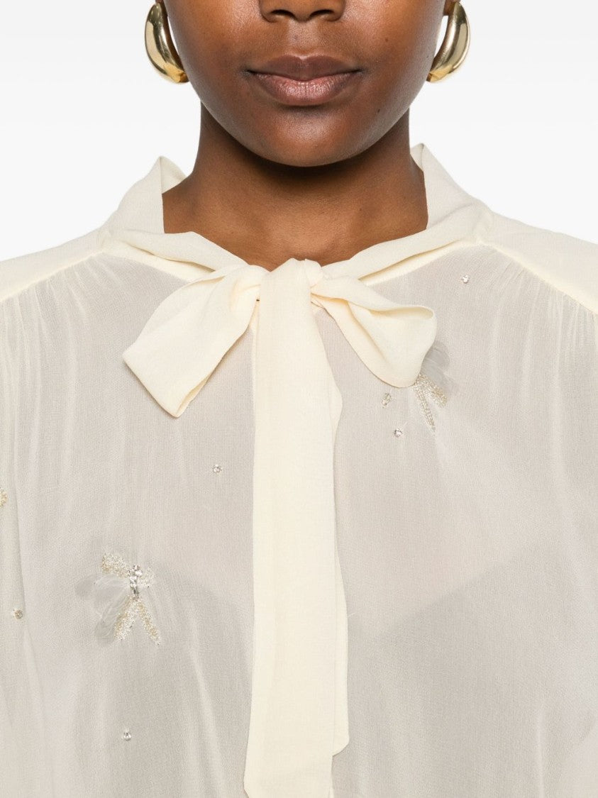 Forte Forte Lightweight Semi-Sheer Beige Blouse With Bow Detail