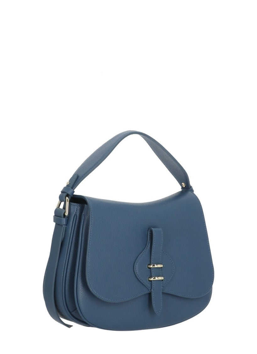 Coccinelle Structured Blue Leather Shoulder Bag With Adjustable Strap