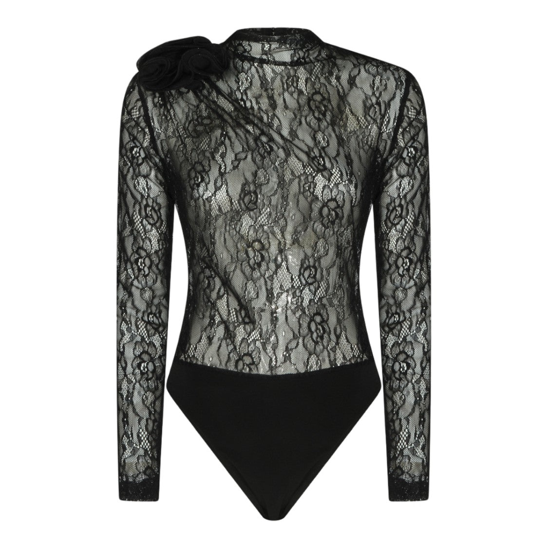 Nissa Fitted Black Lace Bodysuit With Floral Detail